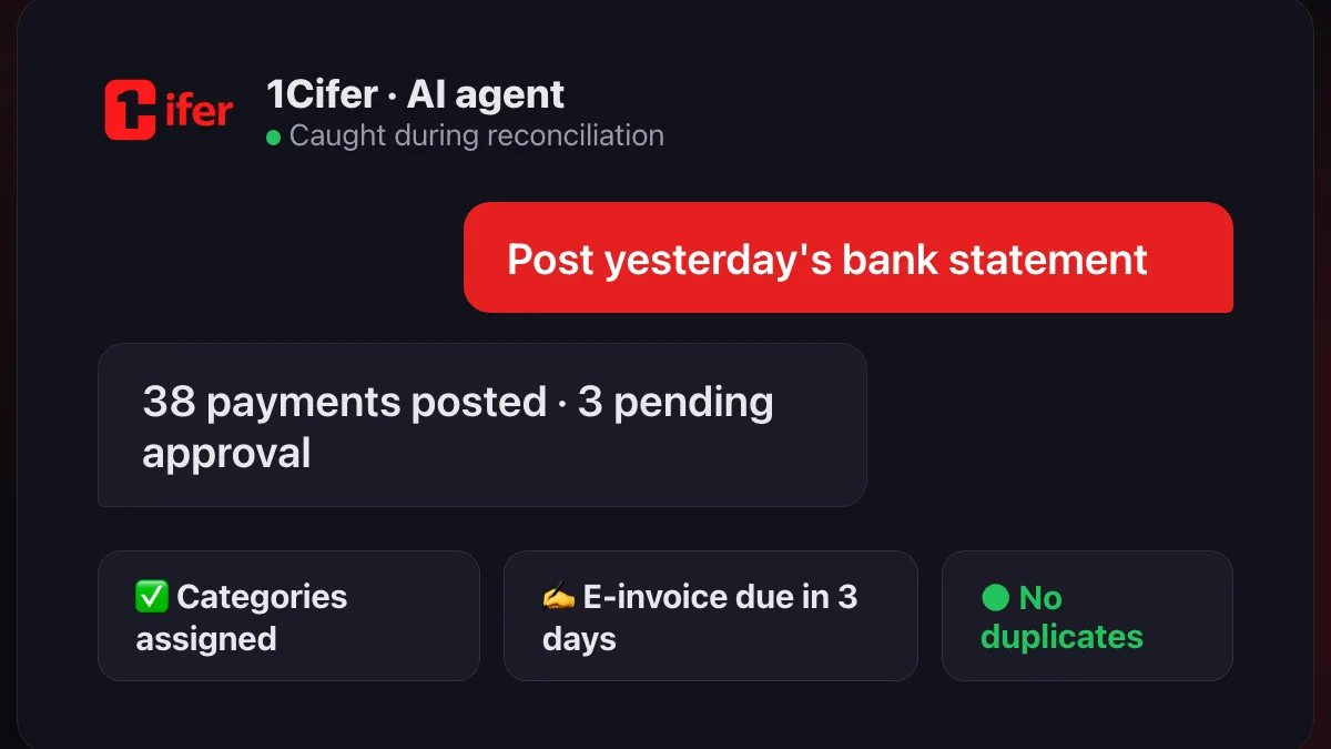 AI accountant posting a bank statement: 38 payments posted, 3 pending approval
