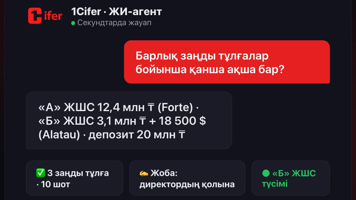 ЖИ-агент «Барлық заңды тұлғалар бойынша қанша ақша бар?» сұрағына Forte мен Alatau City Bank шоттарының қалдықтарымен жауап береді