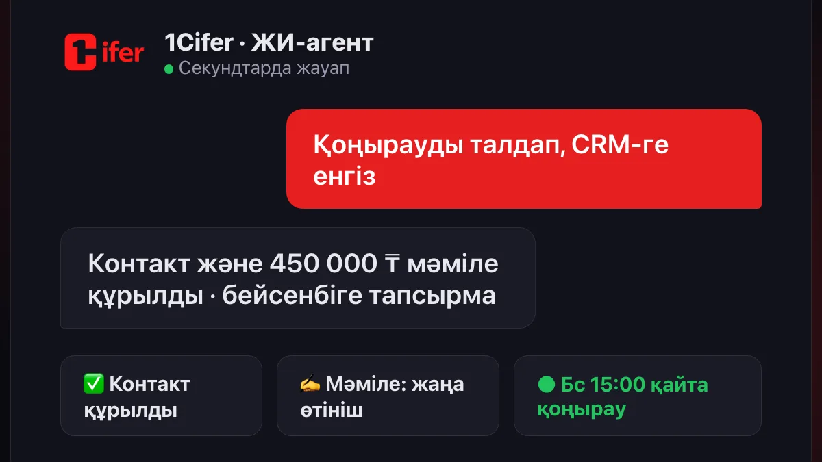 ЖИ-агент кіріс қоңыраудан CRM-де контакт пен мәміле құрып, қайта қоңырау шалу тапсырмасын қойды