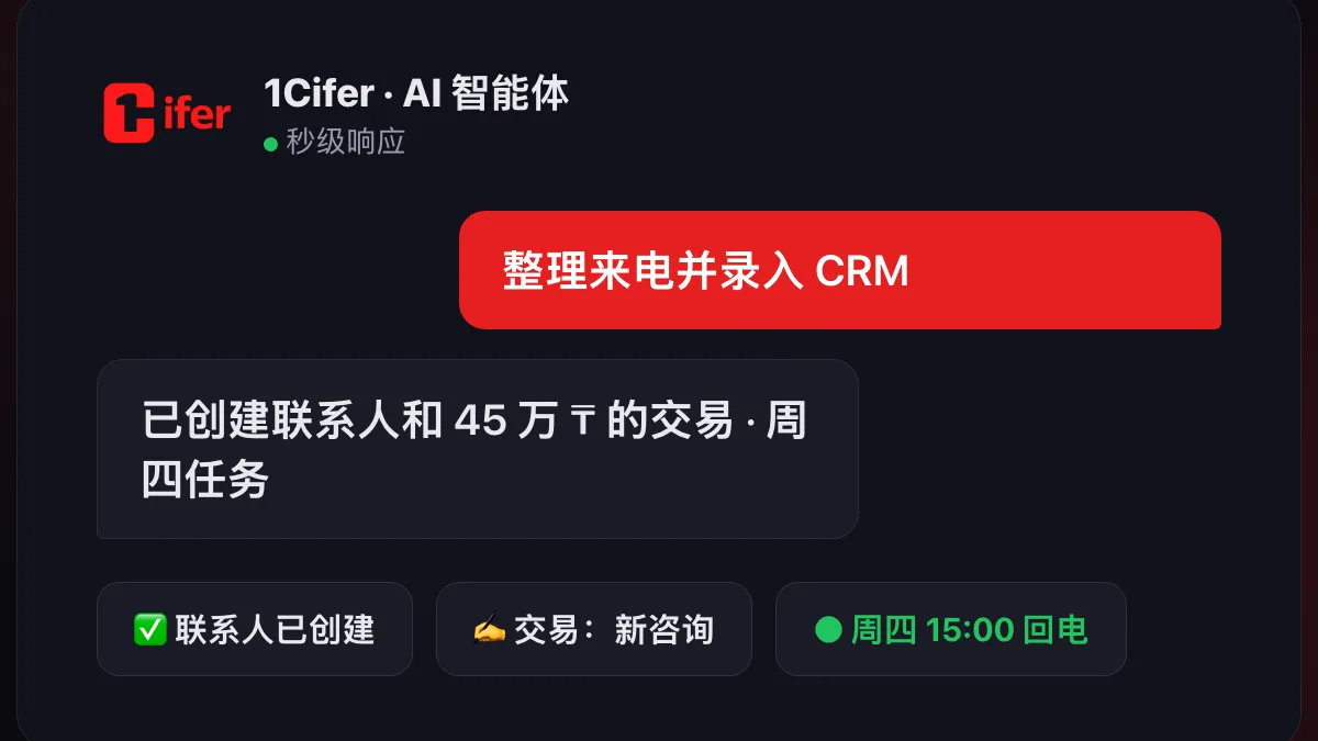 AI 智能体根据来电在 CRM 中创建了联系人和交易，并设置了回电任务